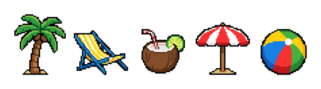 Palm tree, beach chair, coconut drink, umbrella, and beach ball are classic pixel art summer vacation symbols, perfect for retro-themed designs and digital projects.
