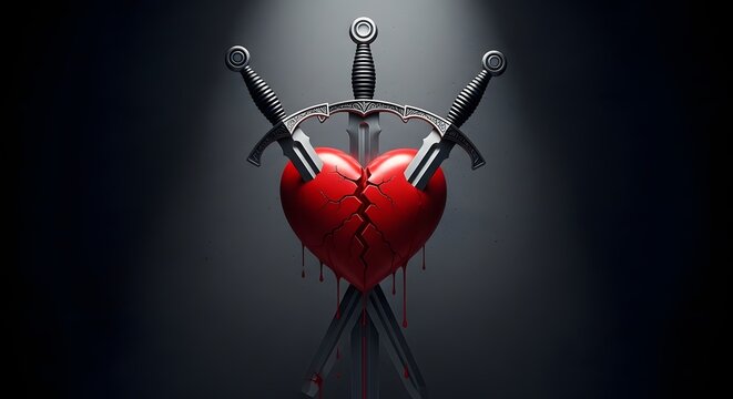 Three swords piercing a broken red heart with blood drops. Heartbreak and emotional pain concept. Cracked heart symbol stabbed by blades on a dark background