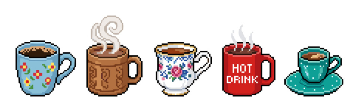 Pixel art hot beverage cups collection featuring various styles and designs, perfect for retro-themed digital projects and gaming graphics.
