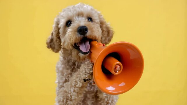 This features a playful dog holding an orange megaphone in its mouth against a bright yellow background, exuding a fun and lively atmosphere.
