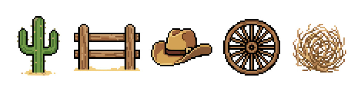 Western pixel art collection of cactus, fence, hat, wagon wheel, and tumbleweed elements representing desert and cowboy culture in a retro game style.