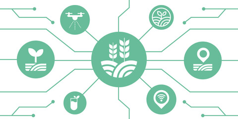 Smart agriculture technology network depicts digital farming concepts drone spraying, crop monitoring, soil analysis, and connectivity for sustainable farm management. © muhammad