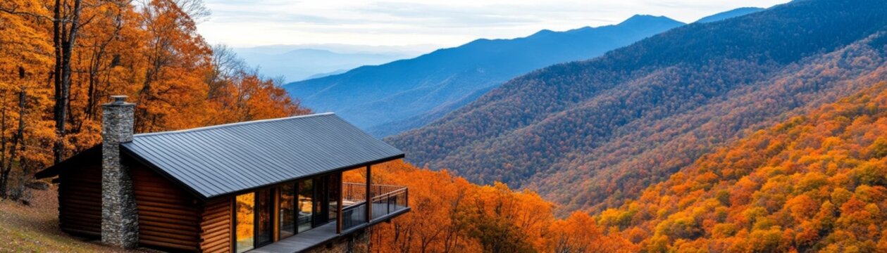 Vibrant Autumn Vista A rustic log cabin with a stone chimney and glass facade nestled amidst blazing orange trees, offering panoramic views of rolling blue mountains.