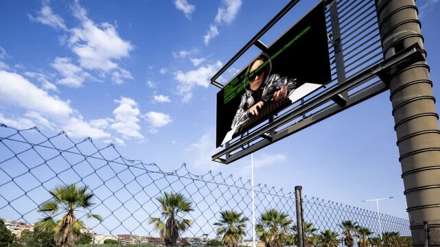 highway with traffic and female hacker on computer on overhead screen