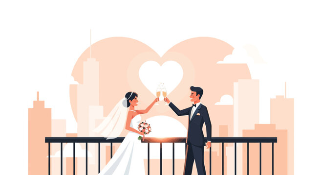 Bride and Groom Toasting Champagne with Cityscape and Heart Background