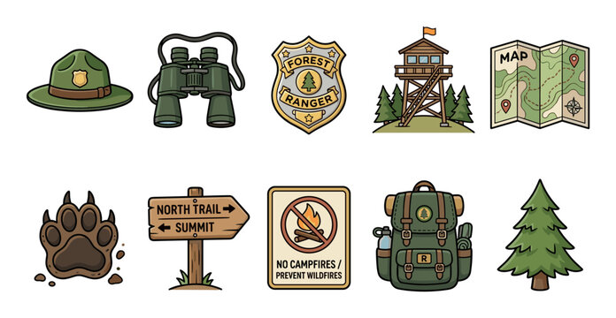 Forest ranger and outdoor adventure icons collection featuring essential gear for hiking, exploration, and nature conservation activities.