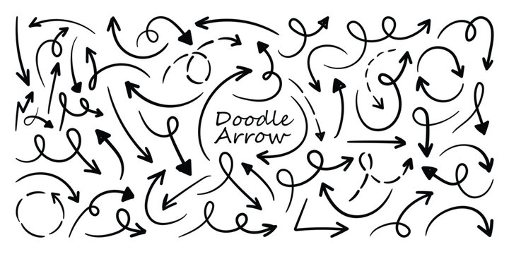 Hand drawn doodle arrow vector collection. Scribble lines arrow doodle elements. Crayon drawn note arrow doodles set. 