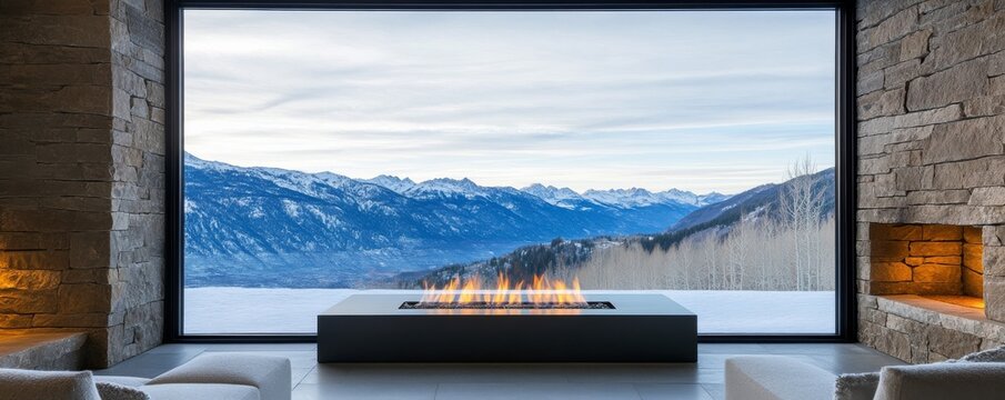 Warmth and Ice Modern lodge interior with a glowing fire pit, framing a breathtaking, snow-capped mountain vista. A luxurious winter escape. Alpine, Cozy