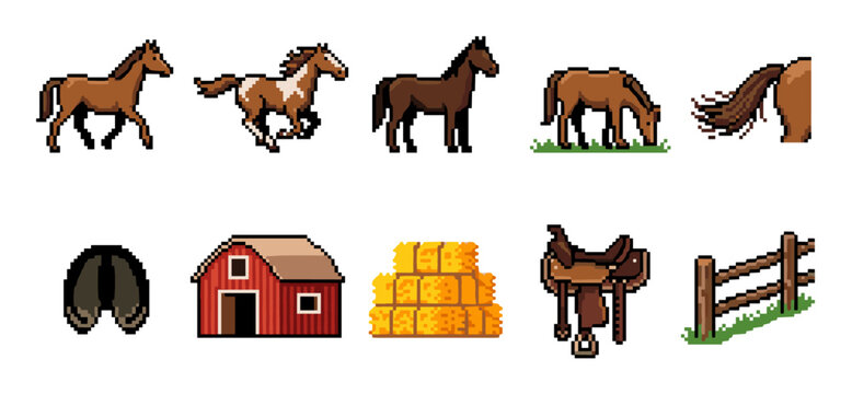 Pixel art horses and farm elements collection featuring various equine poses, a rustic barn, hay bales, and a classic saddle, perfect for vintage gaming projects.