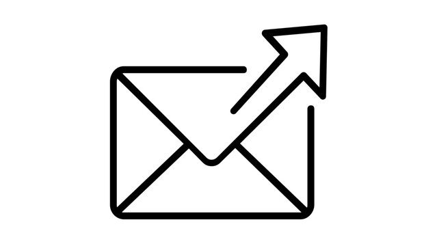 Outgoing email line icon vector illustration. Minimalist black and white envelope with an arrow pointing out, representing sending a message, digital communication, and mail delivery service.