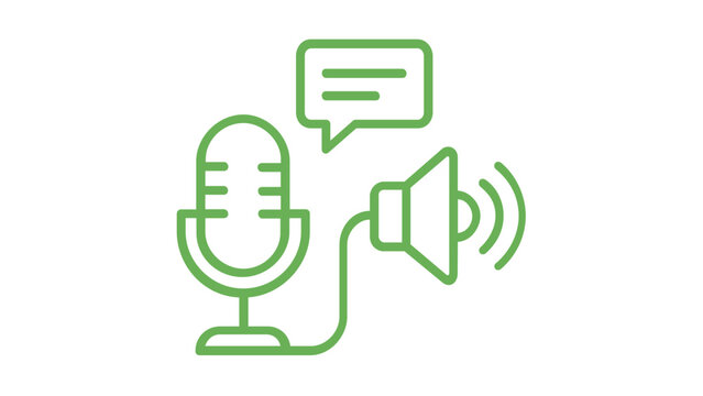 Green line icon vector illustration featuring a microphone, speech bubble, and speaker, representing communication, feedback, podcasting, broadcasting, and audio technology on white background.