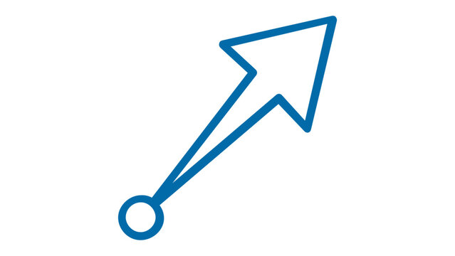 Blue minimalist vector icon illustration of a diagonal arrow pointing up and right from a circular base, symbolizing growth, progress, and navigation for modern digital interfaces. Clean line art.