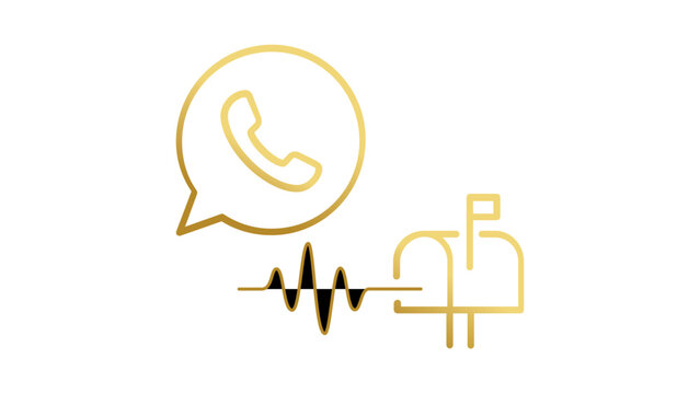 Gold line art vector illustration featuring communication icons including a phone call speech bubble, a mailbox, and a sound wave, representing contact methods, messaging, and connectivity.