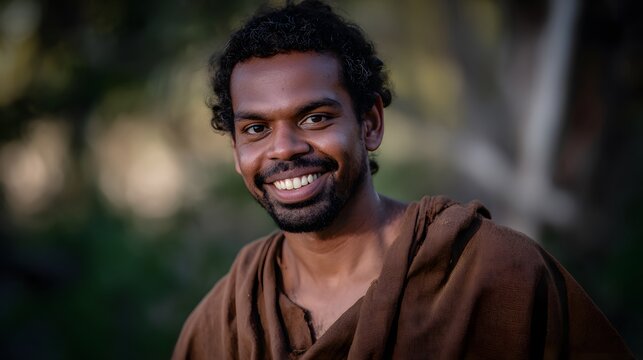 Warm portrait of an Aboriginal Australian man sharing a genuine welcoming smile and peaceful presence