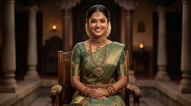 Beautiful South Indian Woman in Saree with Traditional Gold Jewelry
