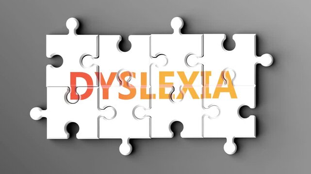Dyslexia being a complex topic - puzzle pieces with word dyslexia coming together to make a whole. Dyslexia made of many fitting parts, a compound subject.