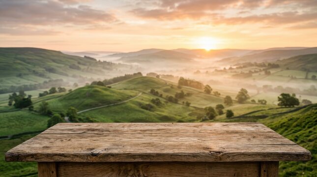 A rustic wooden table in the foreground overlooks rolling green hills shrouded in morning mist, bathed in the warm, golden light of sunrise.