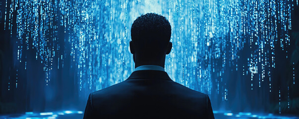 Businessman Silhouette Facing Futuristic Digital Data Rain Installation in Blue Light Technology Concept