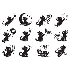 Obraz premium Cute black kitten reaching for stars and moon abstract playful illustration.