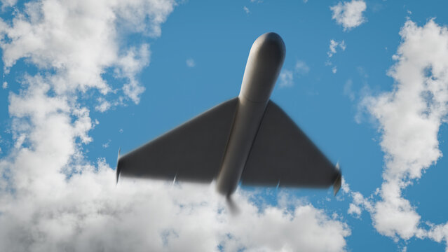 3d render of a Shahed style one-way attack drone in front of blue sky with clouds. Closeup with motion blur