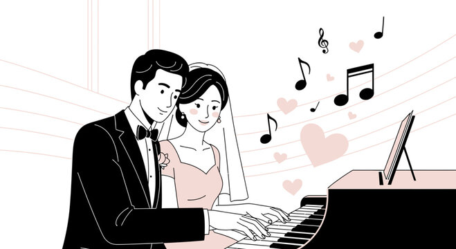 Wedding Couple Playing Piano Together with Music Notes and Hearts