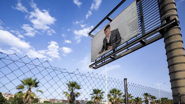 highway with traffic and businessman on computer on overhead screen