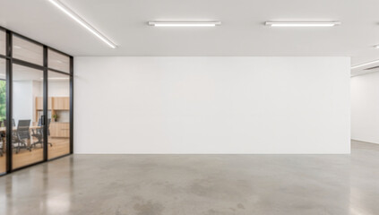 Fototapeta premium Modern empty office interior with glass partition meeting room, polished concrete floor, white walls, minimalist workspace, open space layout, natural light, contemporary corporate environment, clean 
