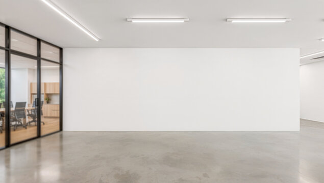 Modern empty office interior with glass partition meeting room, polished concrete floor, white walls, minimalist workspace, open space layout, natural light, contemporary corporate environment, clean 
