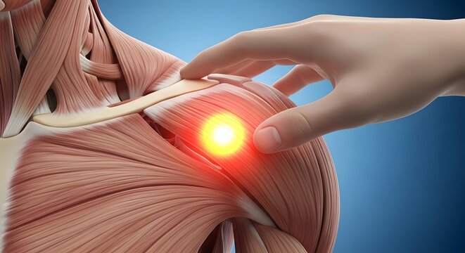 Close up of human shoulder muscle anatomy. Trigger point massage and physical therapy. Hand touching a painful glowing red spot on the deltoid and pectoral muscles