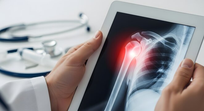 Digital X-ray analysis of shoulder joint dislocation. Telemedicine and orthopedic diagnosis. Doctor reviewing a shoulder bone radiograph on a tablet in a medical office