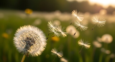 Obraz premium Dandelion seeds blowing in spring wind
