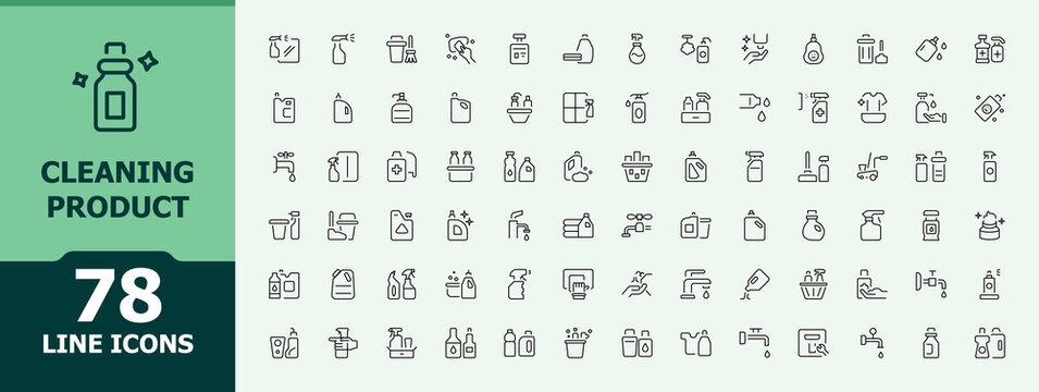 Cleaning Product icon set. Cleaning Product icon collection. Includes thin line symbols home, cleaner, detergent, disinfection, washing, housework and more. Vector collections.