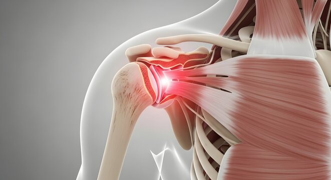 Human shoulder joint anatomy with inflammation. Rotator cuff injury and muscle pain. Medical illustration of shoulder bones and tendons with red glowing pain area