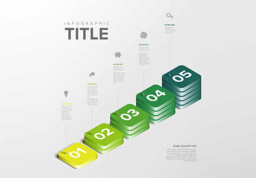 Isometric Infographic Template with Five Numbered Steps on Stacking Blocks