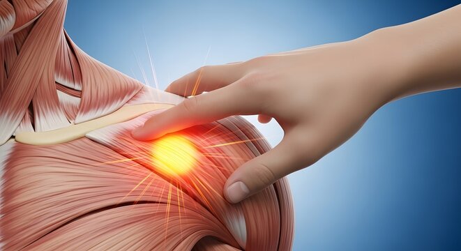 Muscle strain and shoulder trigger point therapy. Sports medicine and massage. Human hand pressing on a glowing painful muscle spot on a detailed anatomy model