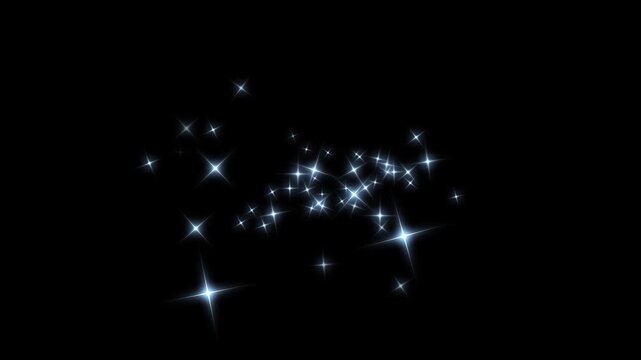 Shimmer particle star on black screen, white glowing stars sparkle, blinking retro vector stars and dots, twinkling starry night sky looping animation, twinkle magic dust effect 4K