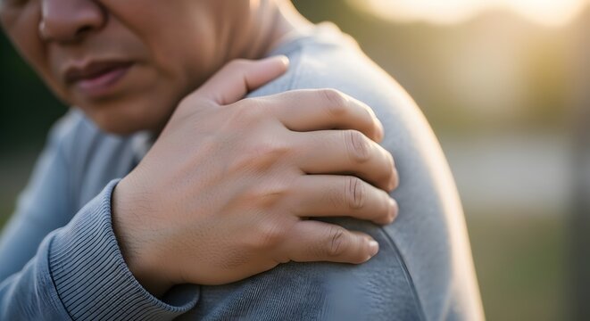 Middle aged man suffering from acute shoulder pain. Lifestyle health issues and muscle tension. Man holding his painful shoulder outdoors with a facial expression of discomfort