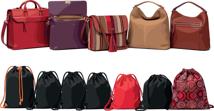 Handbag and Drawstring Bag Collection Set with Leather, Striped, and Fabric Designs for Fashion and Accessories