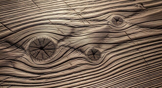 A close-up shot of dark, aged wood featuring complex swirling patterns and multiple small knots in a horizontal layout.