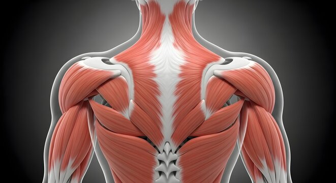 Human back anatomy and muscular system structure. Physical therapy and sports medicine. Detailed 3D rendering of trapezius and shoulder muscles from rear view