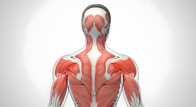 Posterior view of human upper body muscular system. Fitness anatomy and physical therapy. Detailed medical 3D rendering of back and shoulder muscles on white background