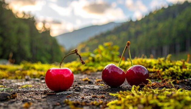 Buah ceri hutan di atas tanah 