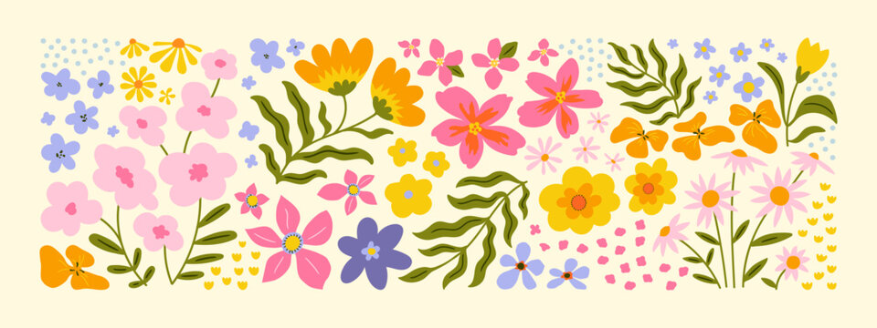 Colorful vintage flower garden art illustration set. Retro nature floral graphic collection in hand drawn style. Spring season decoration bundle, natural bouquet drawing.