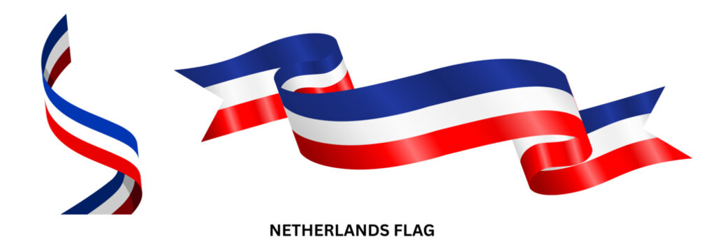 Netherlands flag ribbon vector set, waving Dutch national tricolor banners, red white and blue silk streamers for King's Day and Holland celebrations