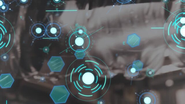 Teal HUD dominating plant line, tracking bottles while conveyor advancing initiating probe scanning