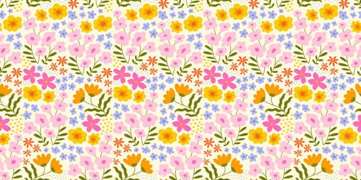 Colorful vintage flower garden art seamless pattern illustration. Retro nature floral background in hand drawn style. Spring season decoration texture, nature textile drawing print.