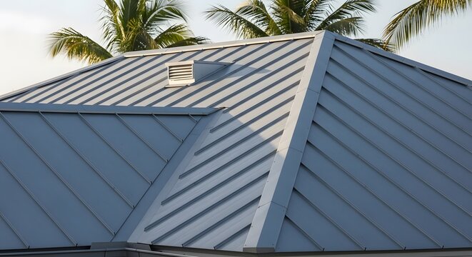 Architectural detail of a sophisticated metal roof system with integrated gutters. The image highlights the precise installation of grey steel panels on a multi-level roof, showcasing professional cra