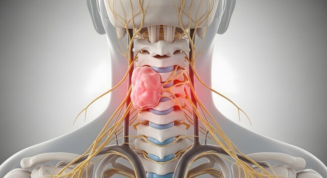 Thyroid tumor and throat cancer anatomy. Lymph node inflammation and surgical oncology. 3D render of human neck showing large mass growth on thyroid gland and surrounding nerves
