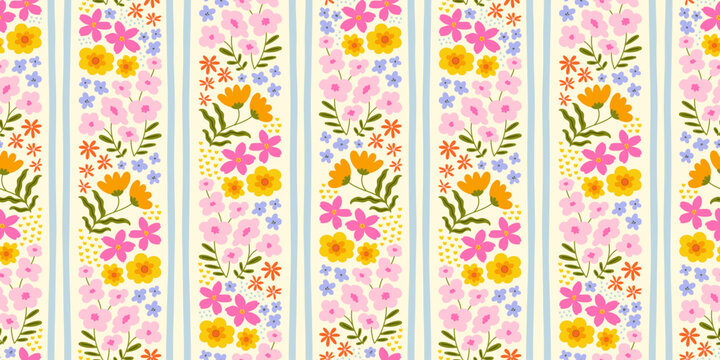 Colorful vintage flower garden art seamless pattern illustration. Retro nature floral background in hand drawn style. Spring season decoration texture, nature textile drawing print.