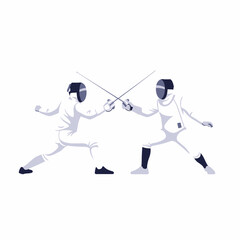 Fototapeta premium Two Fencers in Protective Gear Competing with Swords on White Background